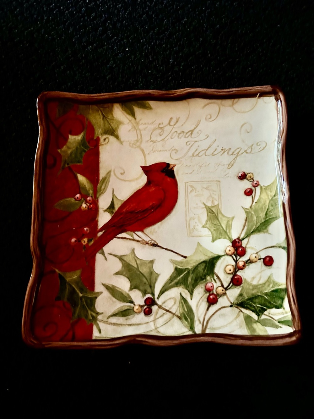 Holiday Cardinal with Holly " Good Tidings "  Decorative Plate